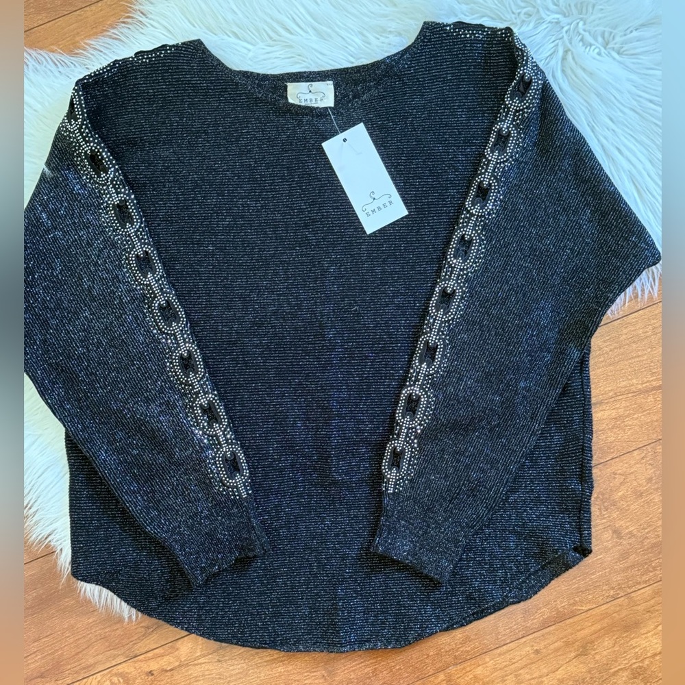 Elegant Metallic Black Sweater with Sparkly Chain Accent on Sleeves-Size L